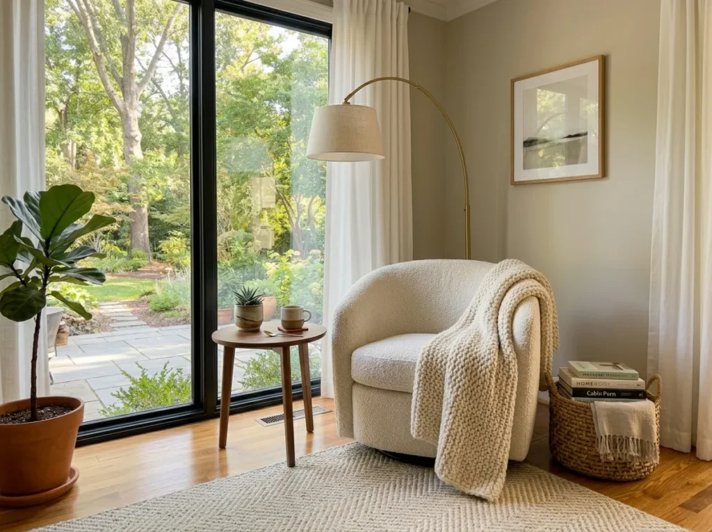 Cozy living room corner decoration idea with a cream swivel chair, brass floor lamp, round wood side table, and warm neutral decor near a bright window.