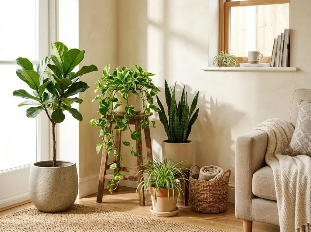 Bright living room corner with affordable indoor plants like pothos and snake plant, budget home decor greenery ideas, natural sunlight, modern cozy interior styling, fresh minimalist home design