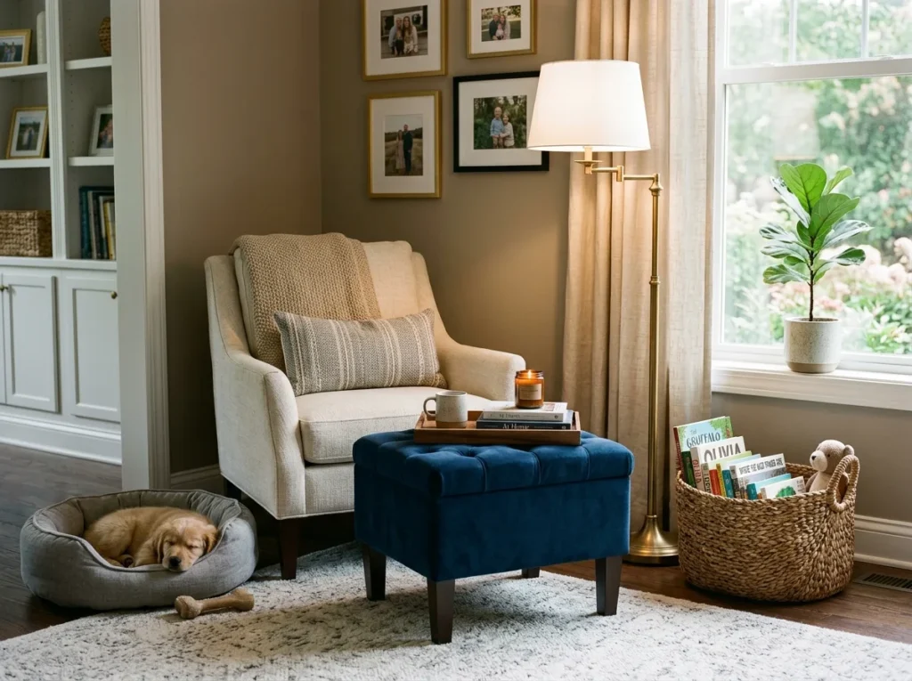 Elegant living room side corner featuring a decorative ottoman with warm neutral styling and cozy modern home decor accents.