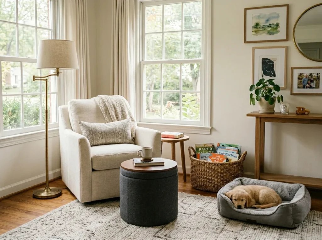 Cozy living room corner with a stylish storage ottoman, soft neutral decor, and modern functional seating arrangement.