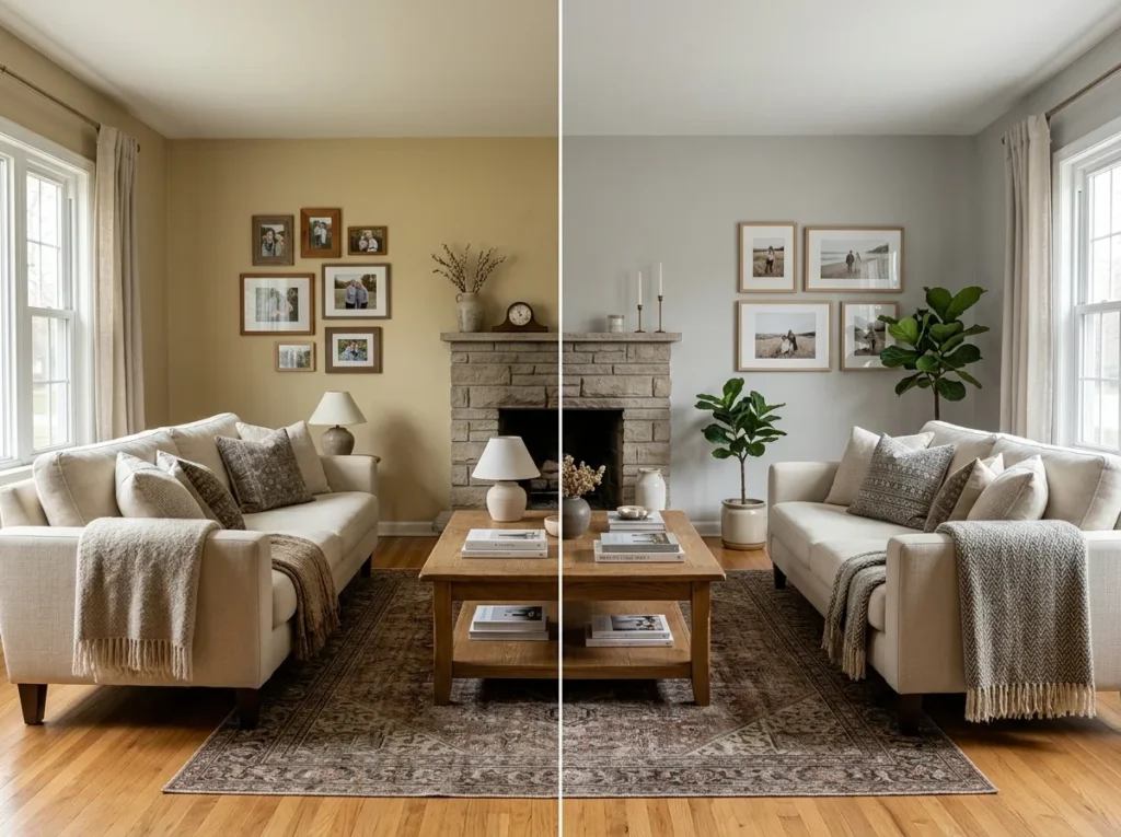 Before and after budget living room makeover with modern gray wall paint transformation, cozy small home interior, affordable home decor ideas, natural light, minimalist family living space styling