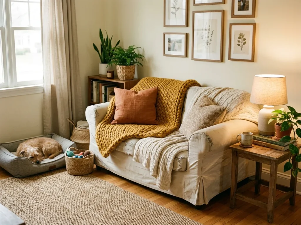 Cozy living room sofa styled with affordable slipcover and knit throws, budget home decor transformation, pet-friendly interior design, warm neutral cozy aesthetic, small space living room styling