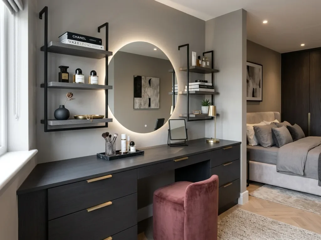 Stylish room side corner decor with a round wall mirror, floating shelves, ceramic accents, books, and modern neutral home styling.