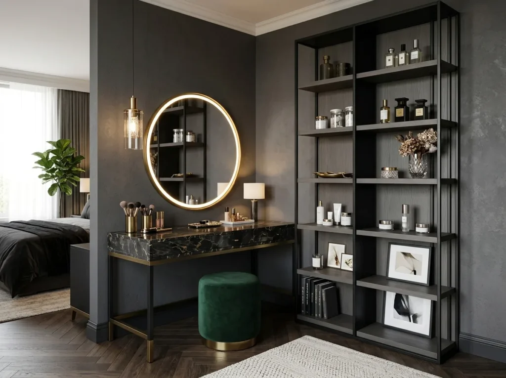 Elegant side room corner featuring a decorative round mirror, floating wall shelves, soft neutral decor accents, and modern cozy interior styling.