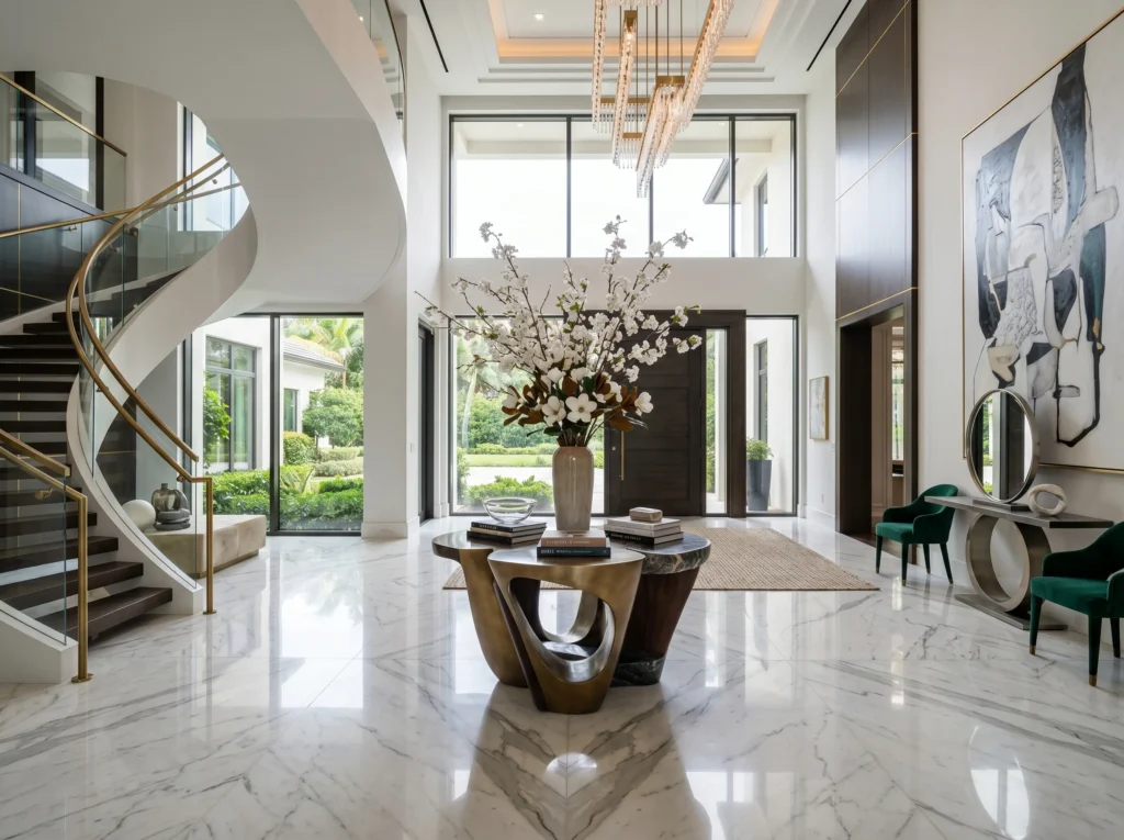 entryway decor ideas with stylish console table, mirror, plants, and warm lighting creating a welcoming home entrance