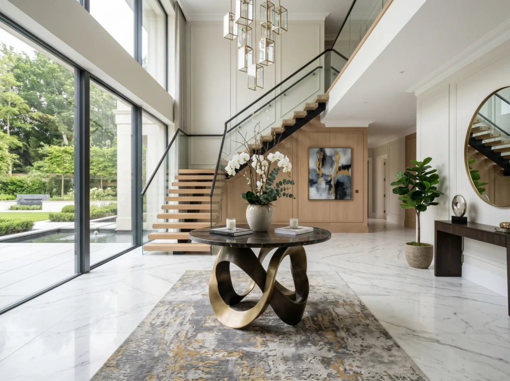 entryway decor ideas with stylish console table, mirror, plants, and warm lighting creating a welcoming home entrance