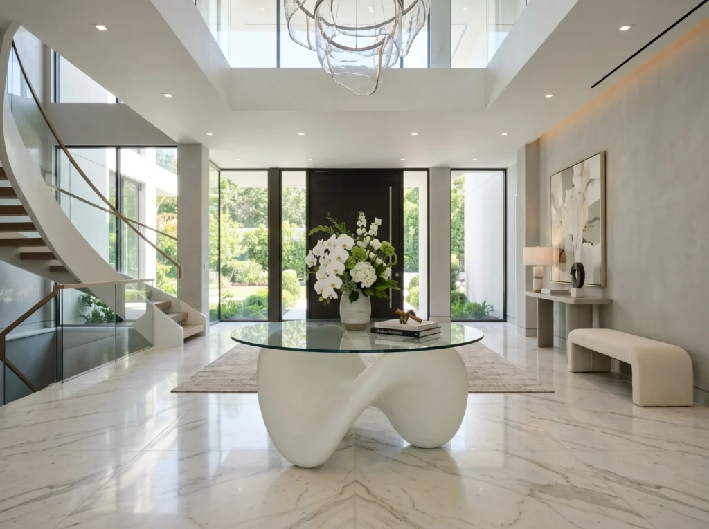 entryway decor ideas with stylish console table, mirror, plants, and warm lighting creating a welcoming home entrance