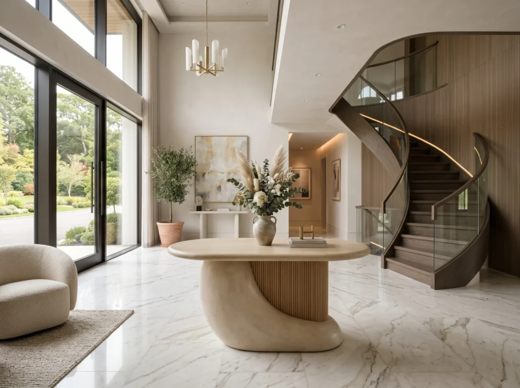 entryway decor ideas with stylish console table, mirror, plants, and warm lighting creating a welcoming home entrance