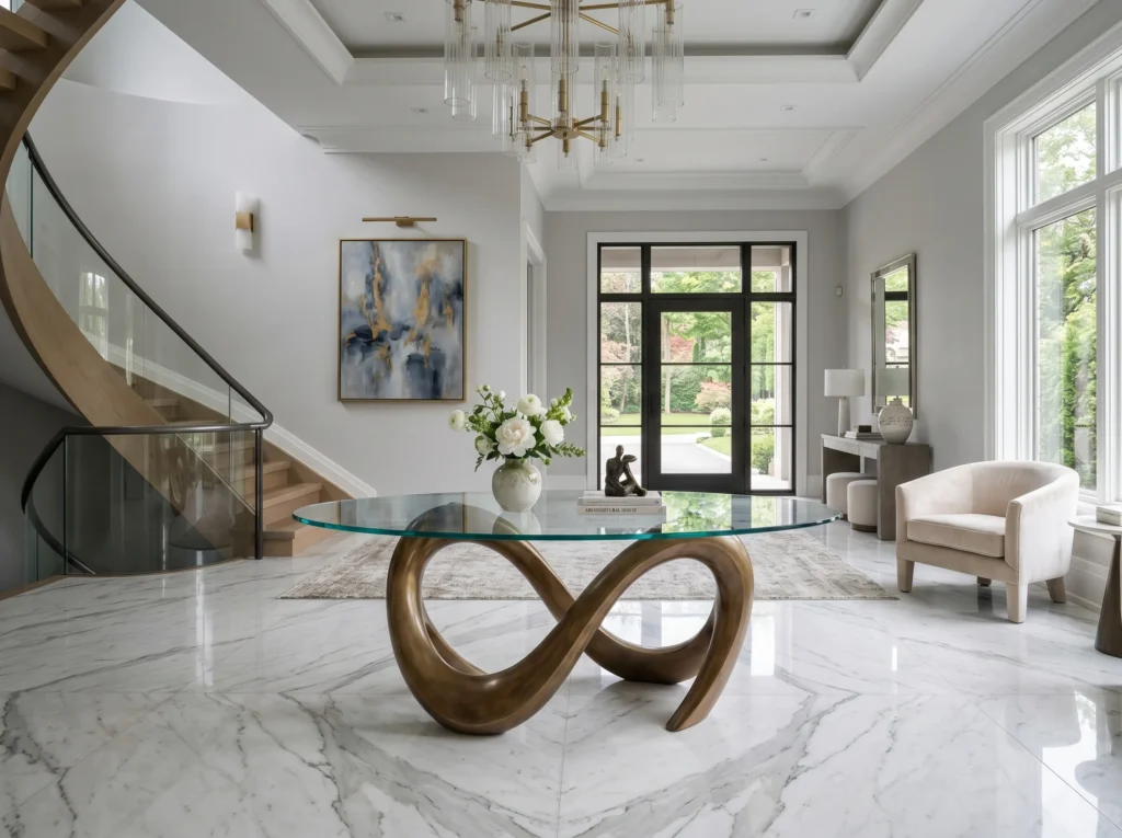 entryway decor ideas with stylish console table, mirror, plants, and warm lighting creating a welcoming home entrance