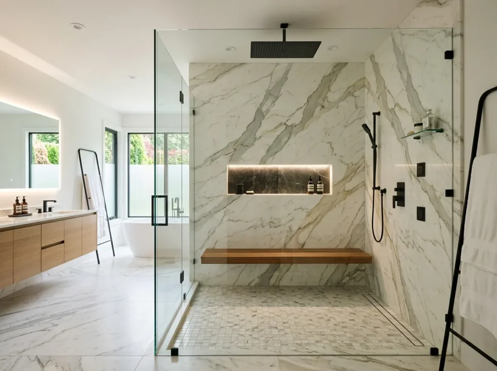 Modern walk in shower ideas with glass enclosure, luxury tiles, rainfall showerhead, and relaxing spa-inspired bathroom decor