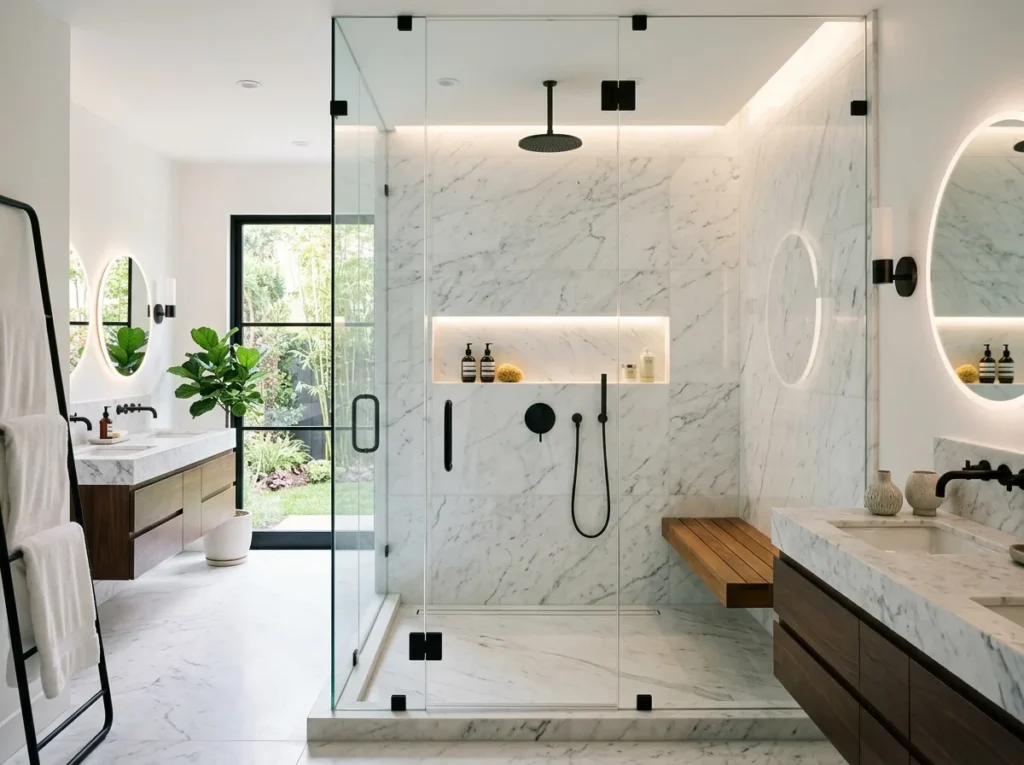 Modern walk in shower ideas with glass enclosure, luxury tiles, rainfall showerhead, and relaxing spa-inspired bathroom decor