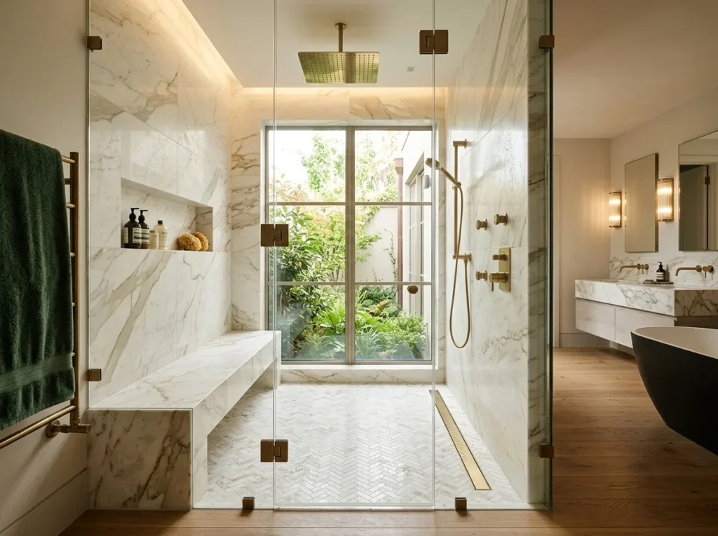 Modern walk in shower ideas with glass enclosure, luxury tiles, rainfall showerhead, and relaxing spa-inspired bathroom decor