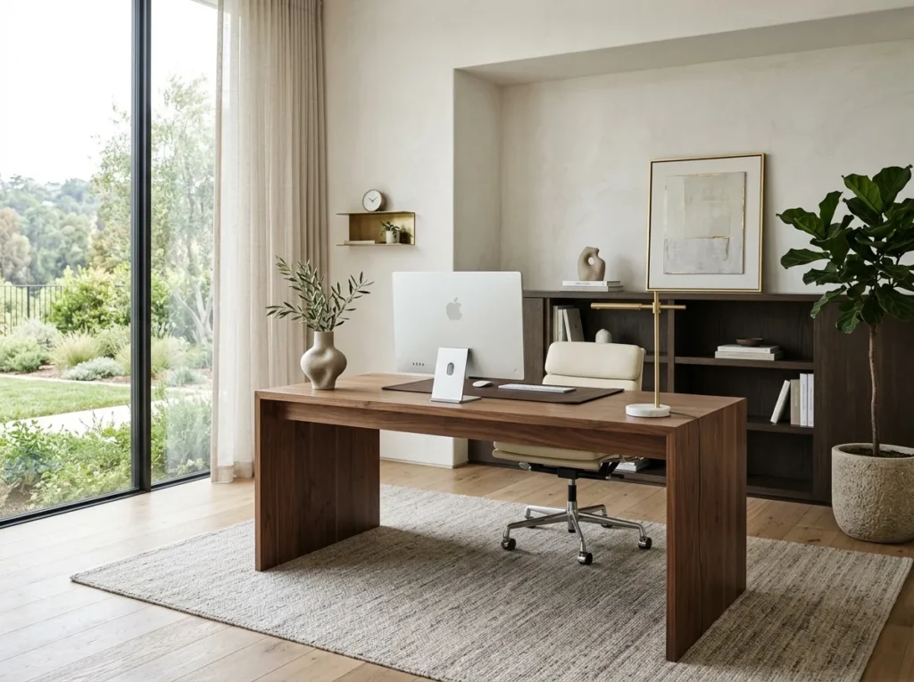 small home office ideas with modern desk setup, space-saving storage, and stylish workspace design