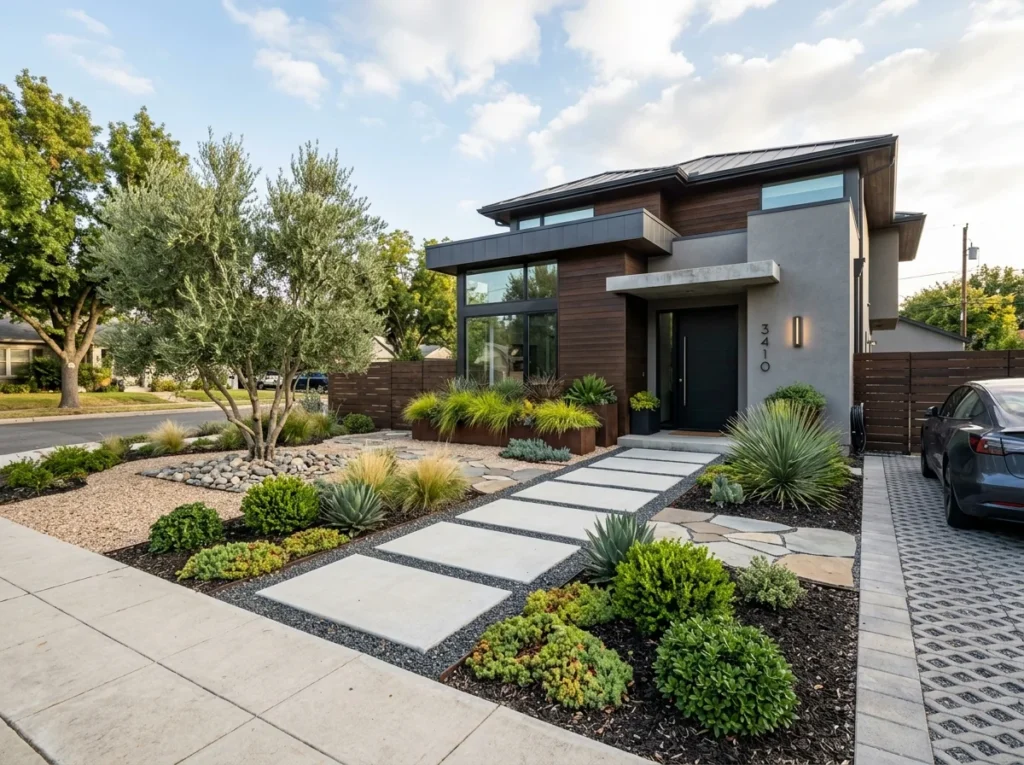 front yard landscaping ideas with modern plants, pathway lighting, and stylish curb appeal design