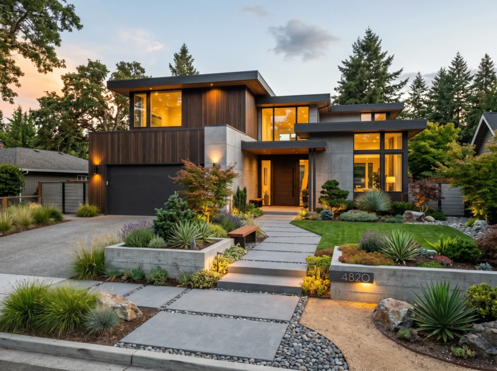 front yard landscaping ideas with modern plants, pathway lighting, and stylish curb appeal design