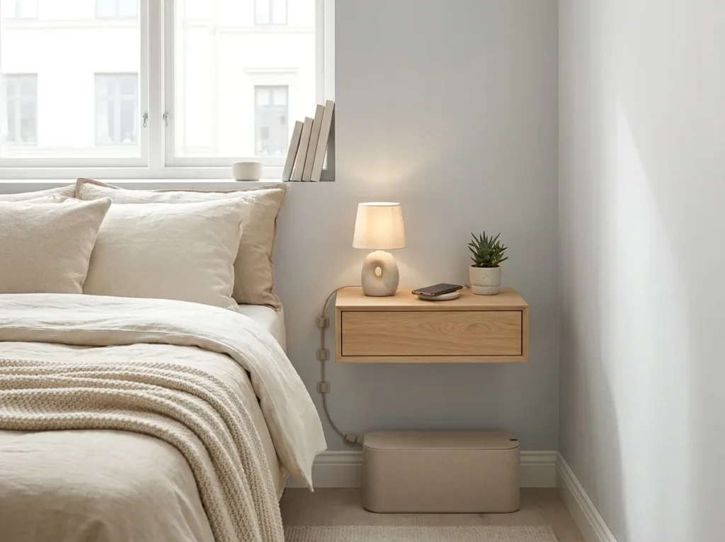 Clean minimalist bedside setup in apartment bedroom with hidden cable management and organized cords creating a clutter-free look