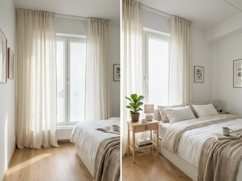Bright apartment bedroom with a leaning floor mirror across from the window reflecting natural light and making the space feel larger