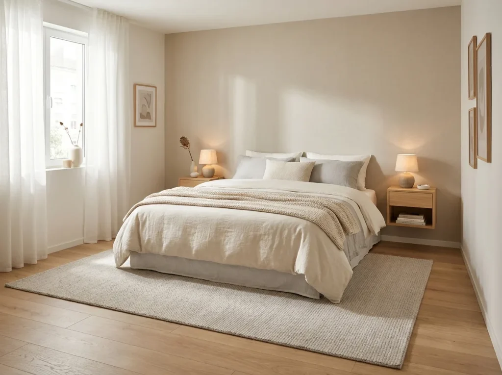 Clean minimalist bedside setup in apartment bedroom with hidden cable management and organized cords creating a clutter-free look