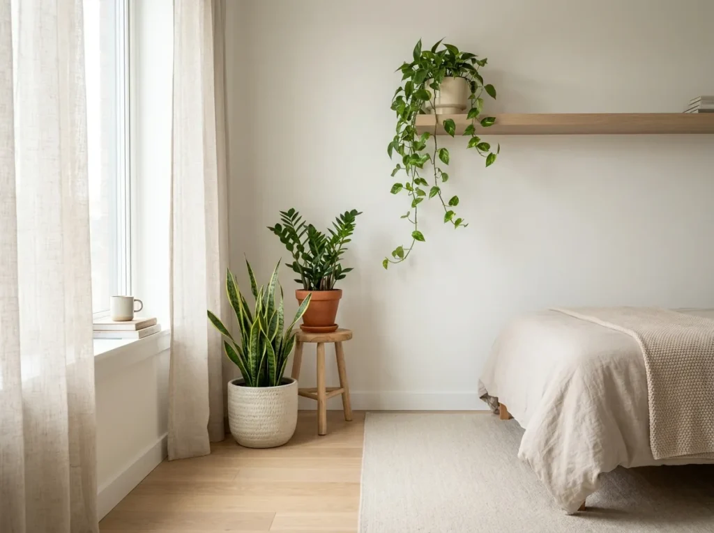 Clean minimalist bedside setup in apartment bedroom with hidden cable management and organized cords creating a clutter-free look