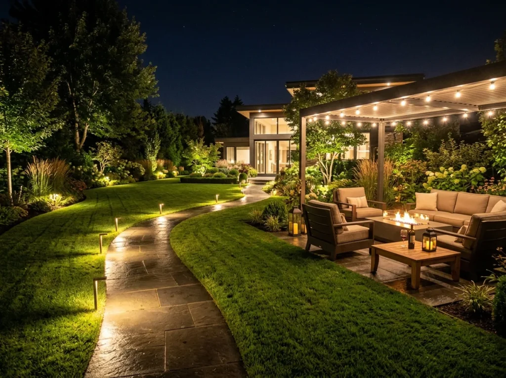 outdoor lighting ideas for cozy backyard patio with warm lights and modern garden design
