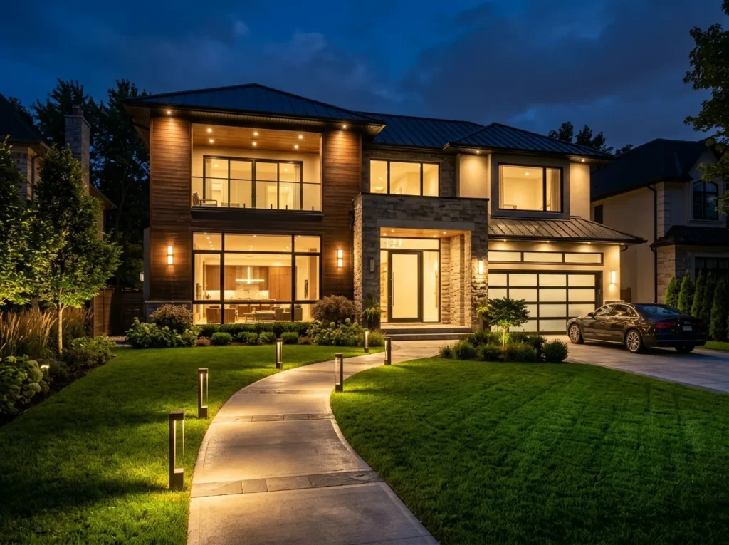 outdoor lighting ideas for cozy backyard patio with warm lights and modern garden design
