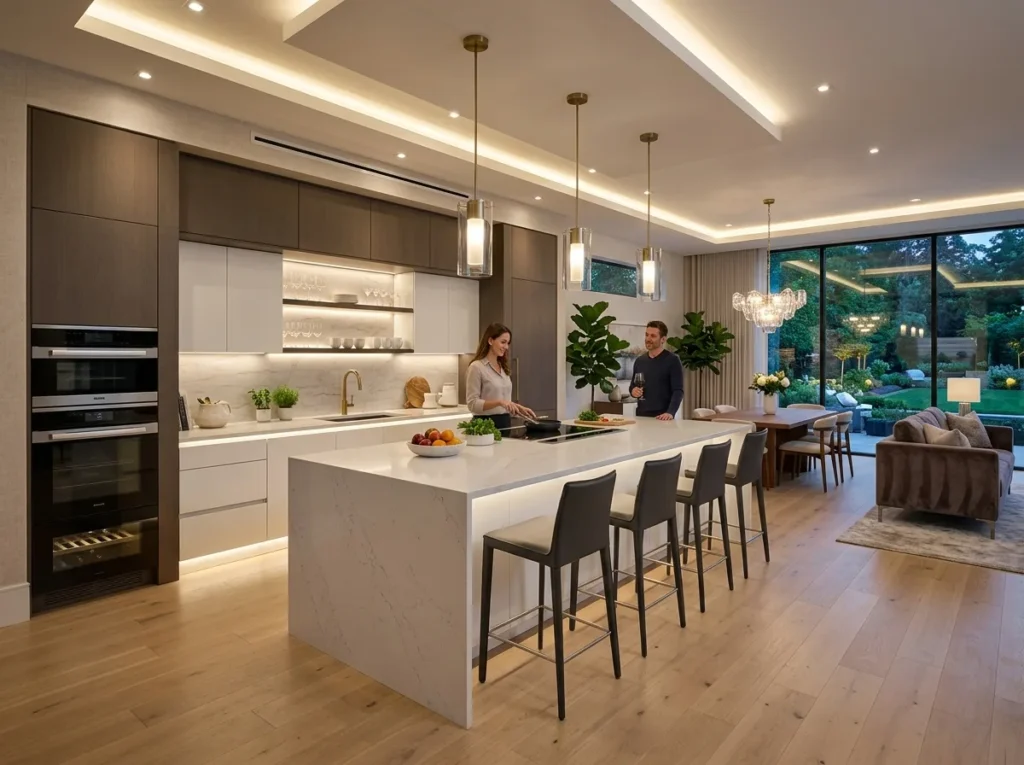 Elegant home interior featuring clean countertops, pendant lights, and smart storage