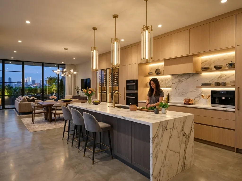 Spacious modern kitchen area with functional design, warm lighting, and cozy details