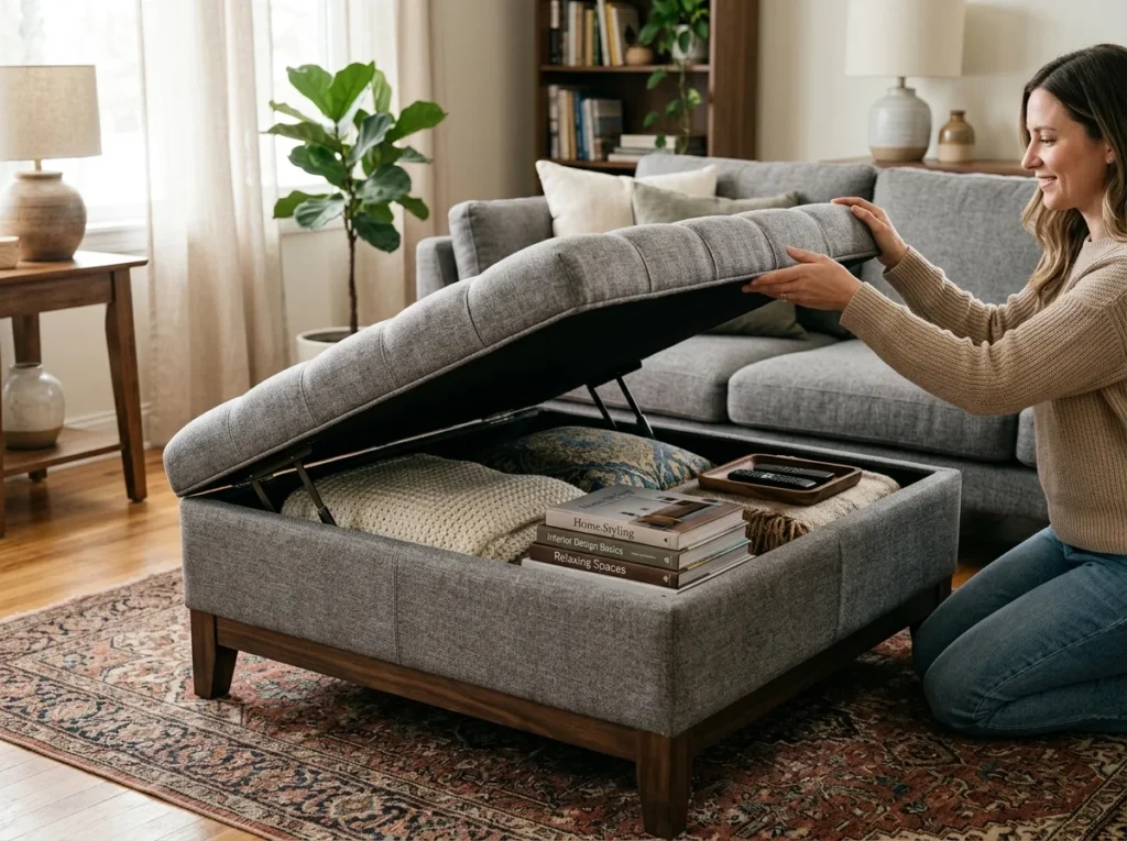 upholstered storage ottoman in a small living room serving as a coffee table