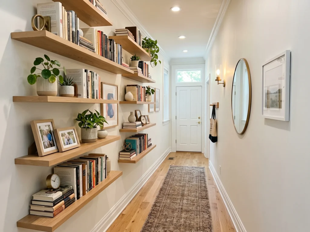entryway decor ideas with stylish console table, mirror, plants, and warm lighting creating a welcoming home entrance