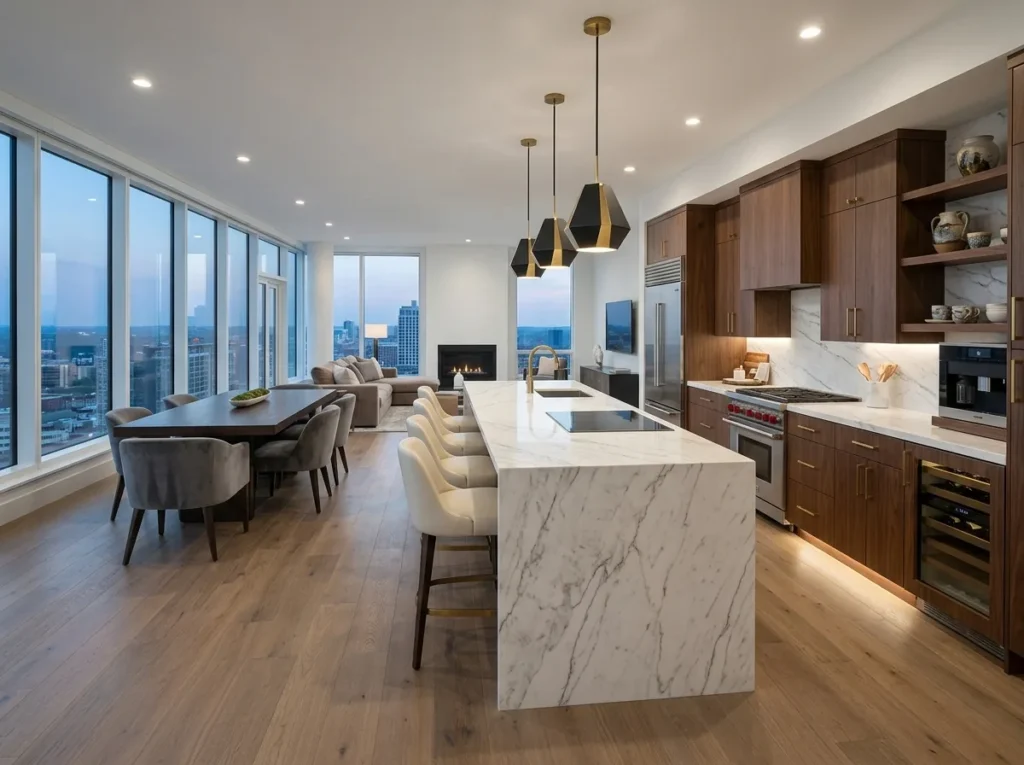 painted kitchen peninsula with bar stools