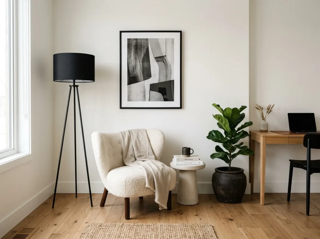 Cozy layered corner decor with upholstered chair, linen pillow, wool throw blanket, jute rug, and soft neutral textures.