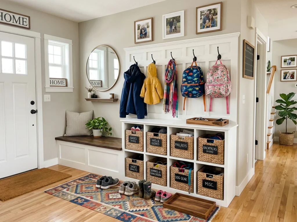entryway decor ideas with stylish console table, mirror, plants, and warm lighting creating a welcoming home entrance