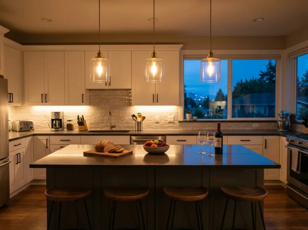 open kitchen with painted peninsula and pendant lighting
