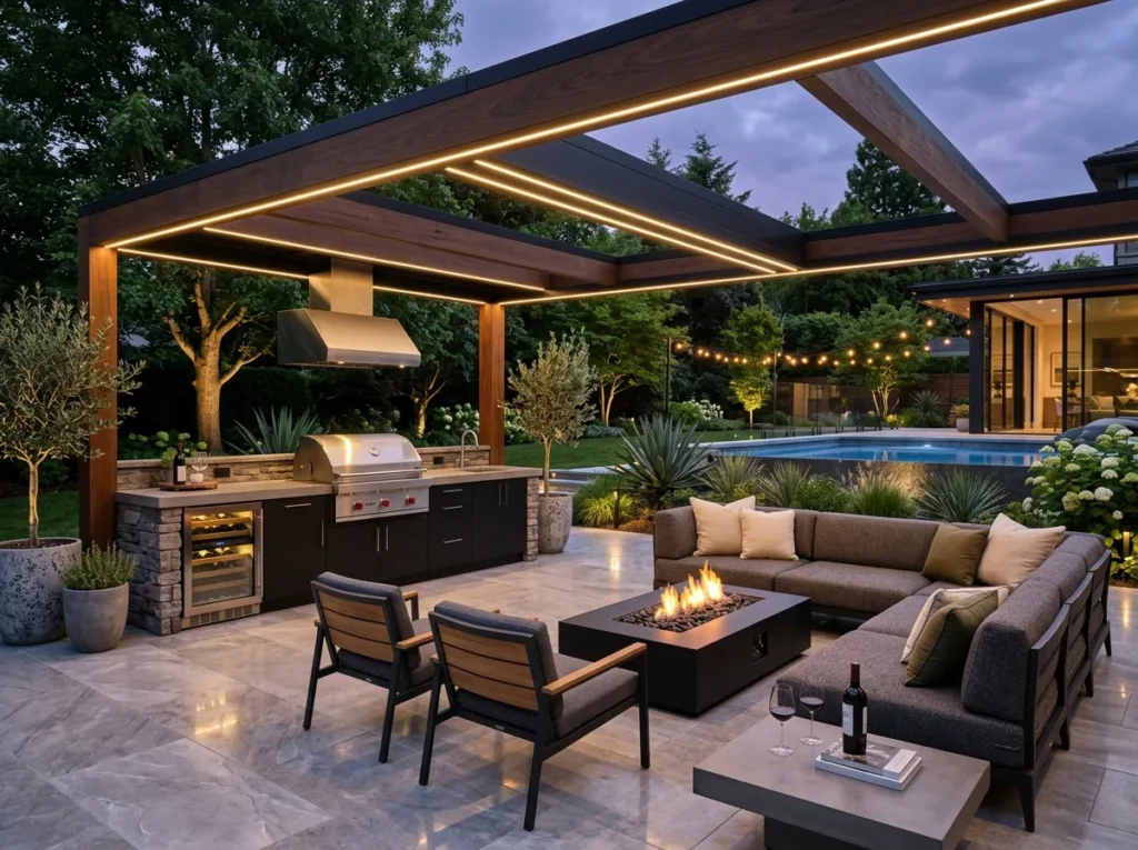 Modern black pergola backyard with luxury seating and sleek outdoor fire table.