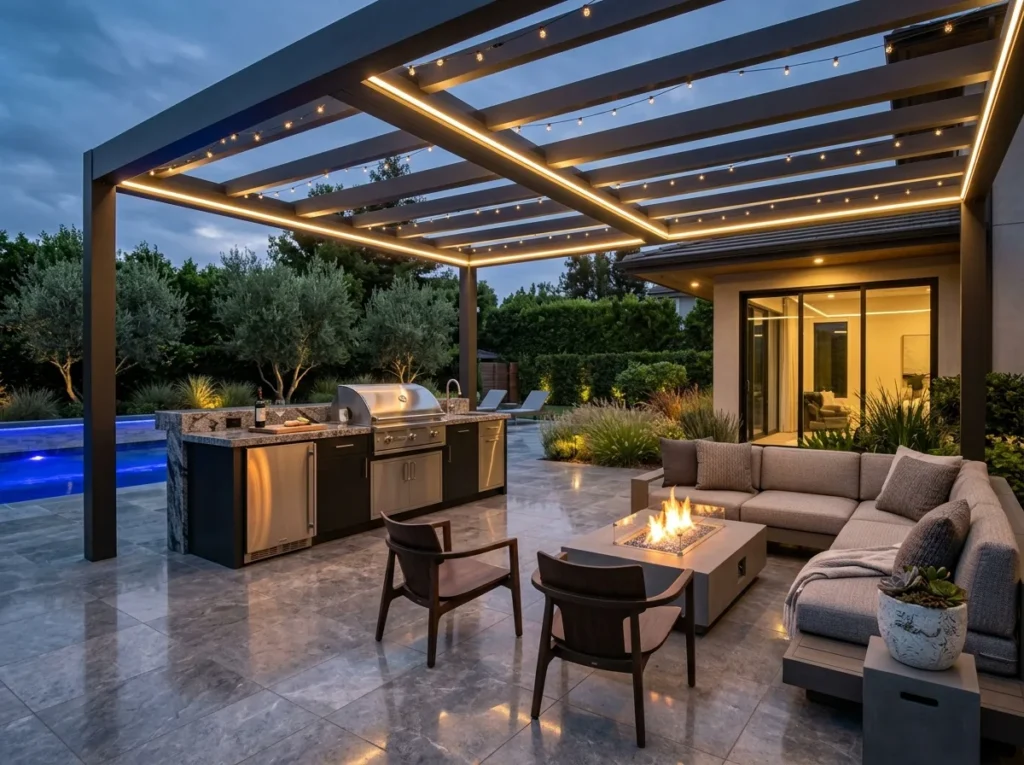 Elegant wooden pergola backyard with flowing curtains and luxury outdoor dining area.
