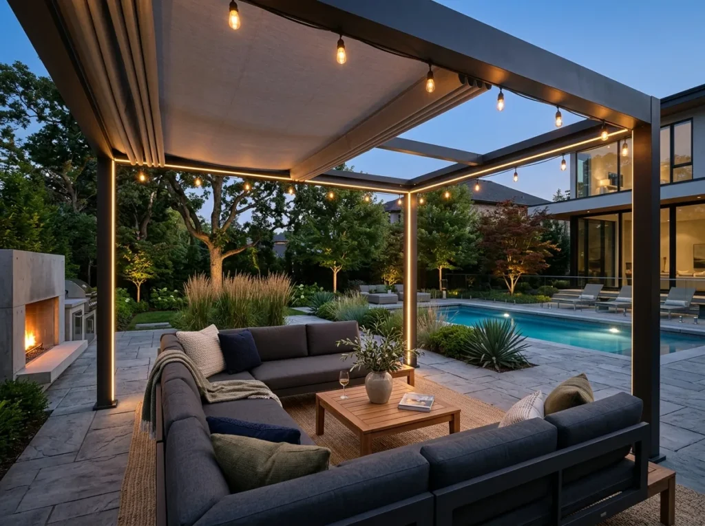 Luxury pergola backyard with retractable canopy and elegant modern outdoor seating.