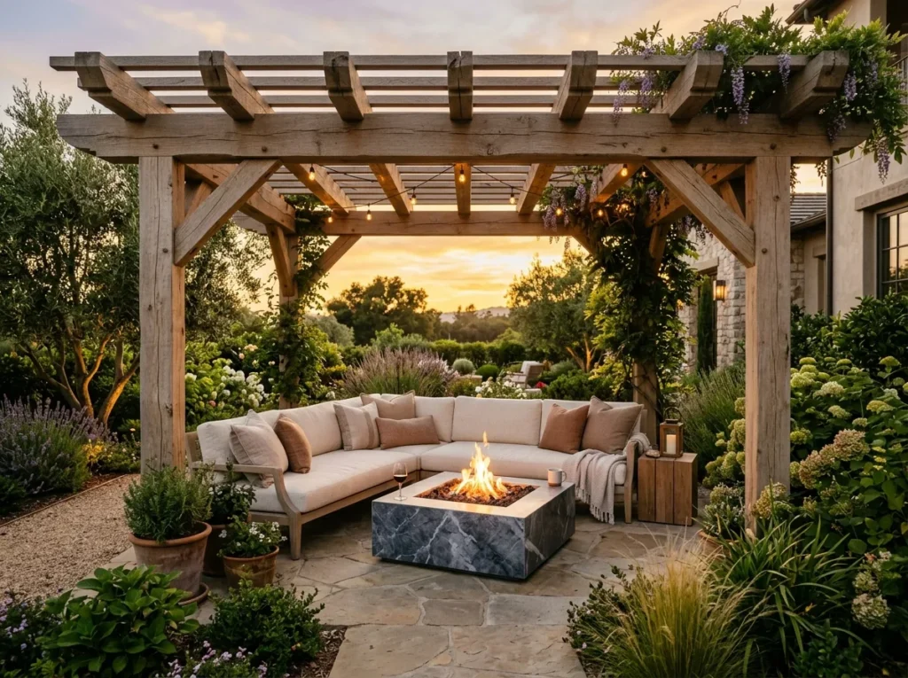 Modern pergola with LED lights and luxury outdoor kitchen in stylish backyard.