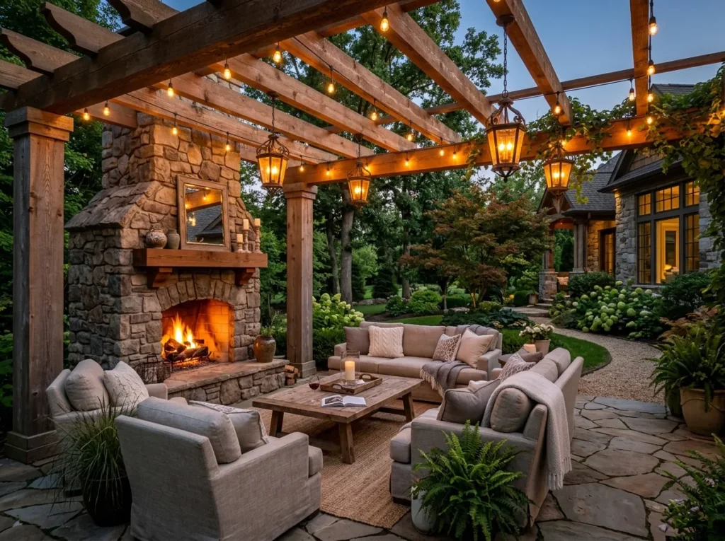 Mediterranean pergola with stone columns and elegant outdoor dining decor.