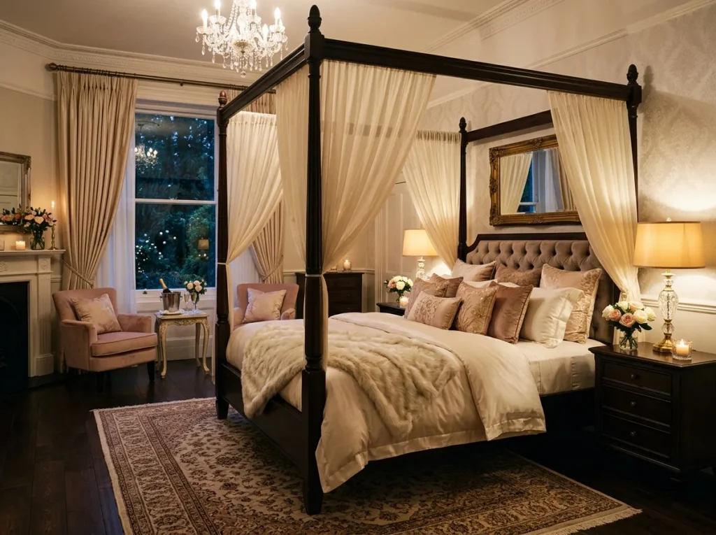cozy romantic couple bedroom with warm lighting soft bedding and modern decor inspiration