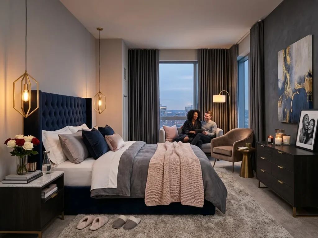 cozy romantic couple bedroom with warm lighting soft bedding and modern decor inspiration