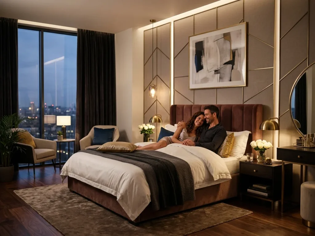 cozy romantic couple bedroom with warm lighting soft bedding and modern decor inspiration