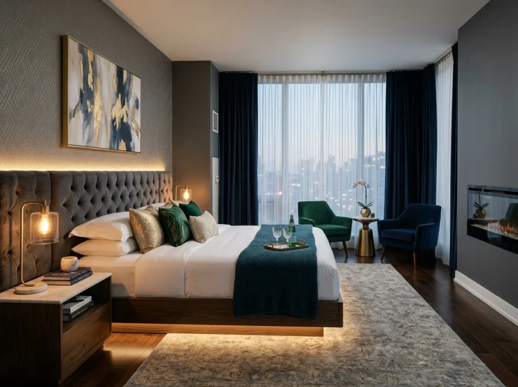 cozy romantic couple bedroom with warm lighting soft bedding and modern decor inspiration