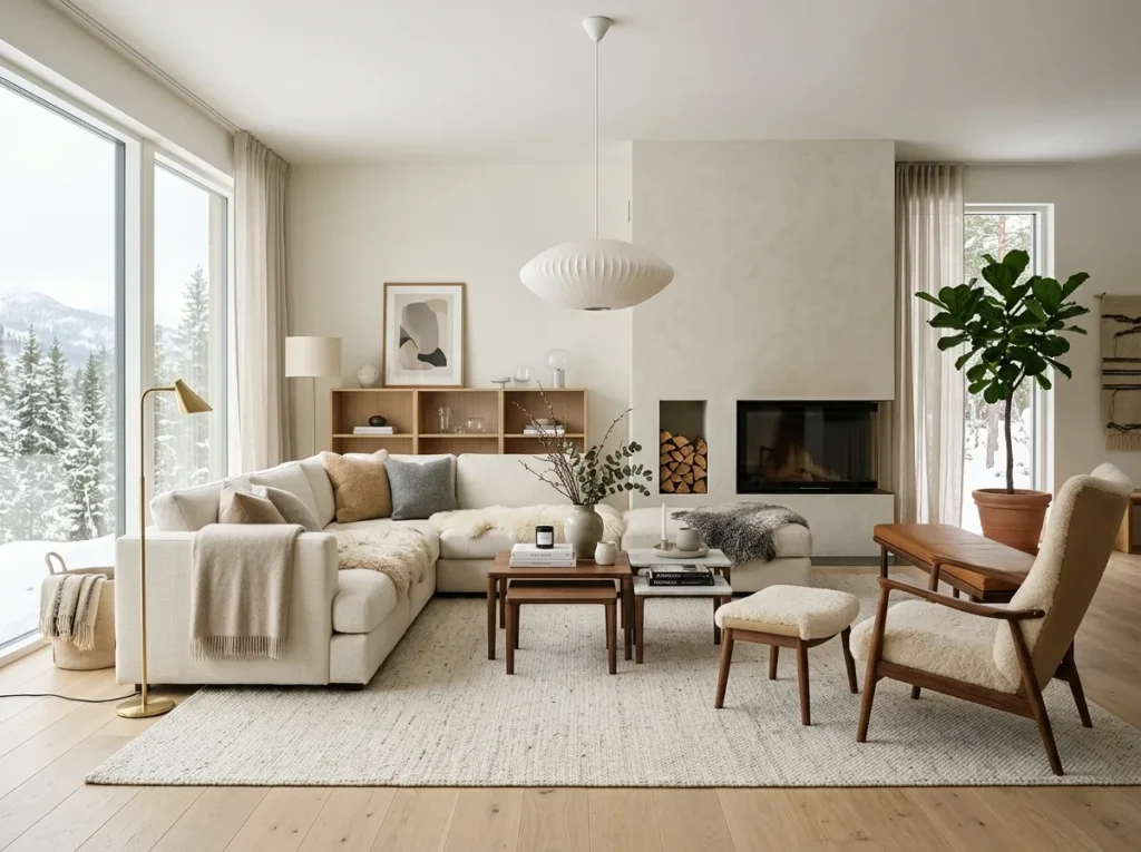 Beautiful Scandinavian interior design ideas featuring cozy modern home decor with neutral tones, minimalist furniture, natural wood accents, and bright spaces.