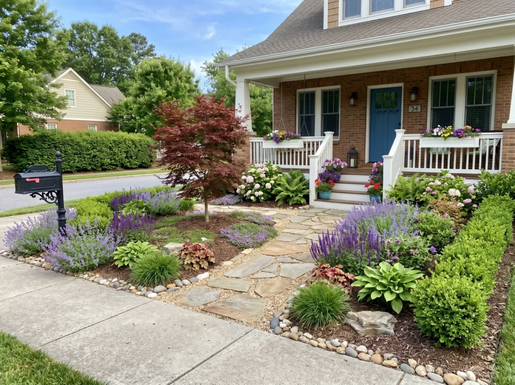front yard ideas with modern plants, pathway lighting, and stylish curb appeal design