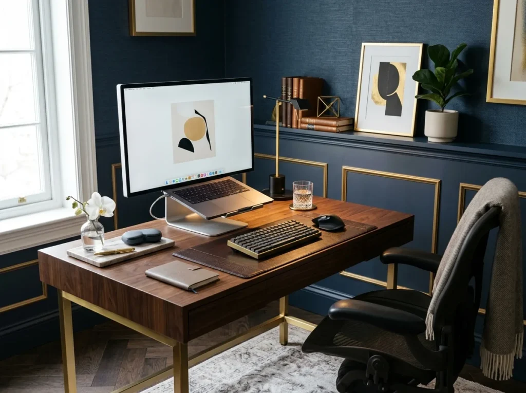 small home office ideas with modern desk setup, space-saving storage, and stylish workspace design
