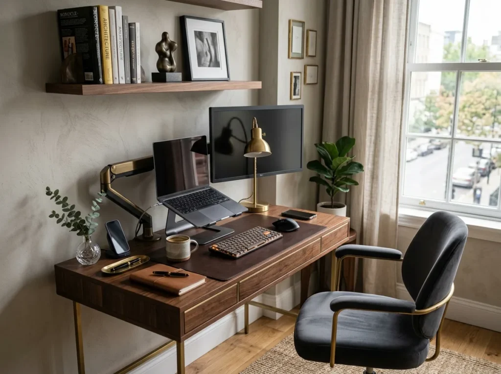 small home office ideas with modern desk setup, space-saving storage, and stylish workspace design