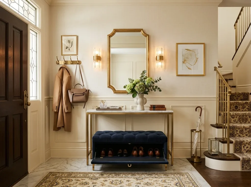Luxury foyer decor ideas with modern entryway table, elegant lighting, stylish mirror, and cozy neutral home accents
