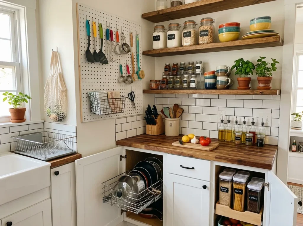 small kitchen with wall-mounted storage and organized cabinet space