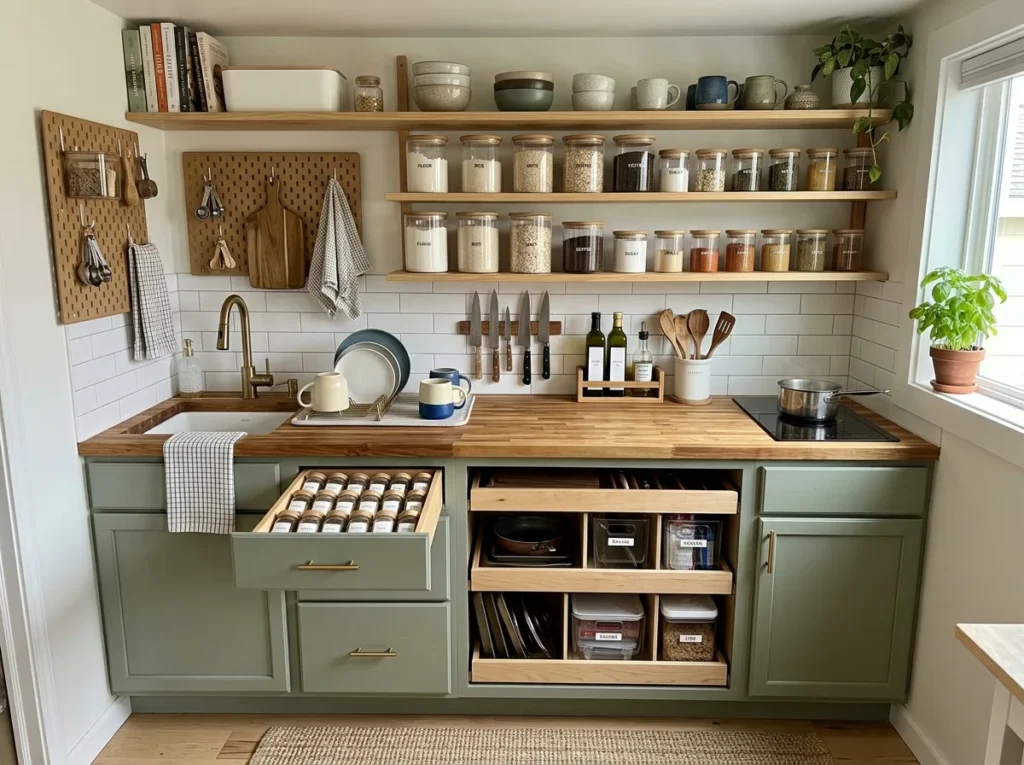 pegboard wall organizer in a small kitchen holding pots and cooking tools