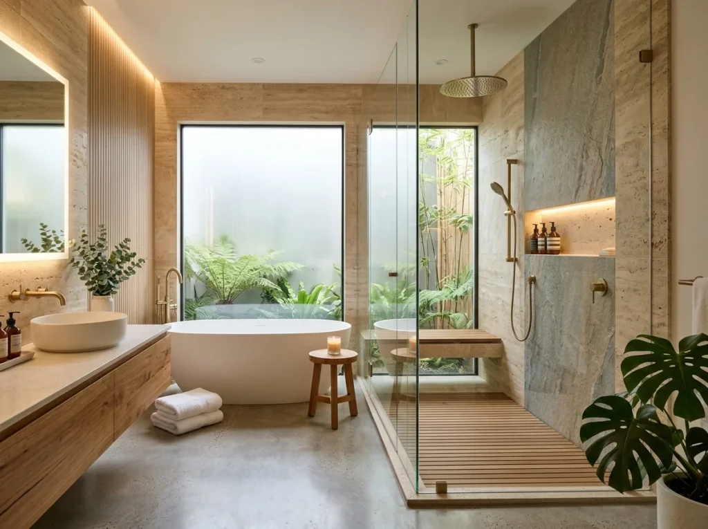Modern walk in shower ideas with glass enclosure, luxury tiles, rainfall showerhead, and relaxing spa-inspired bathroom decor